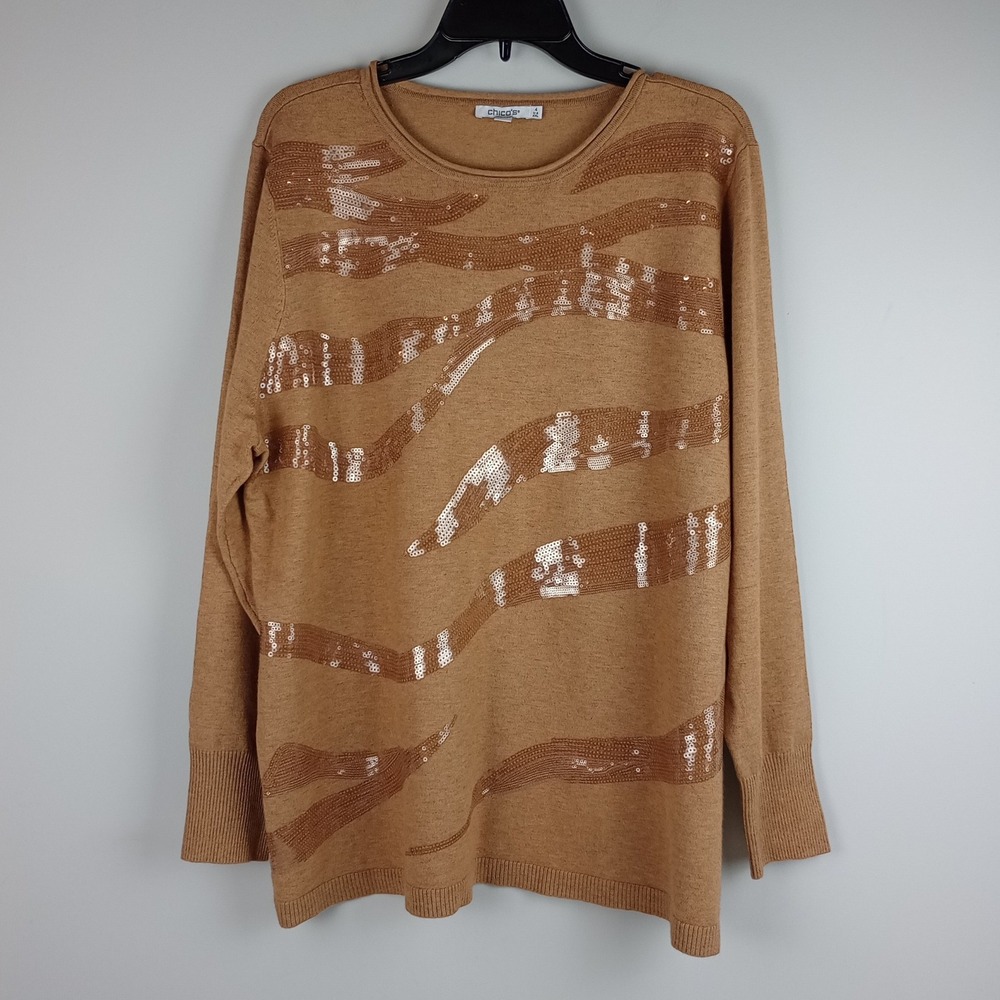 Chico's Womens XXL Brown Sequin Animal Print Cashmere Blend Pullover Sweater